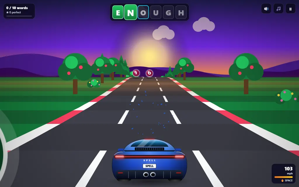 A real Word Racer screenshot: Sunset Hills track, spelling ENOUGH with E and N already caught