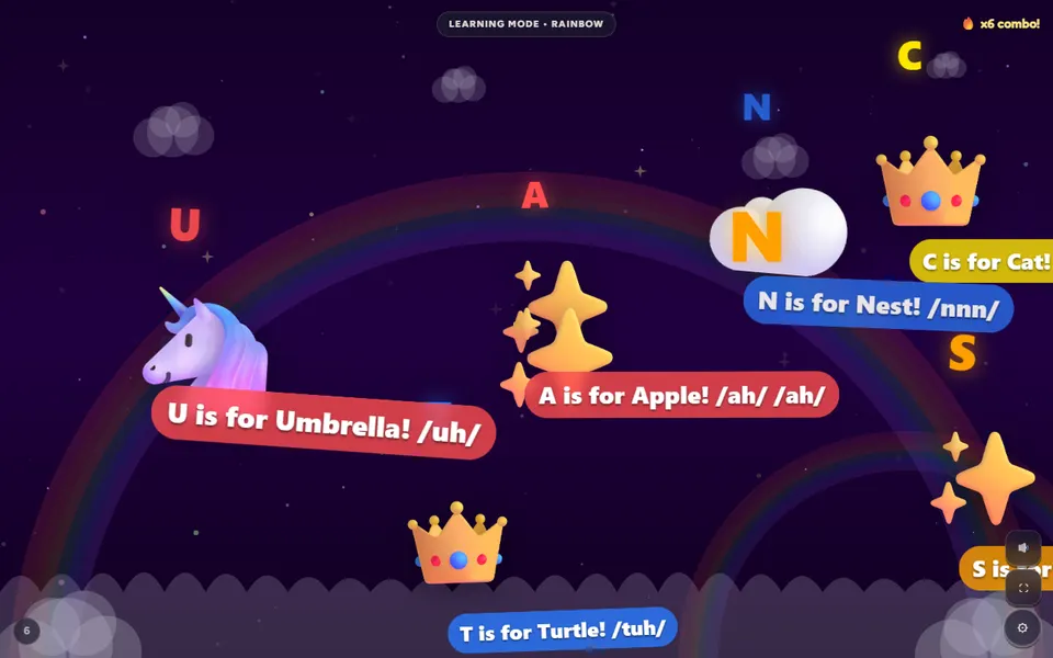 Little Keys Rainbow world in Learning Mode: a letter with its word after a key press