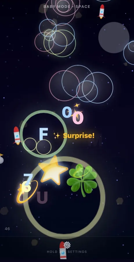 Little Taps on a phone: Space theme with bubbles, letters and a star